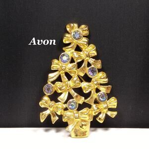 Avon Christmas Tree Brooch, Blue AB Rhinestones, Gold Tone 1960s Vintage Jewelry